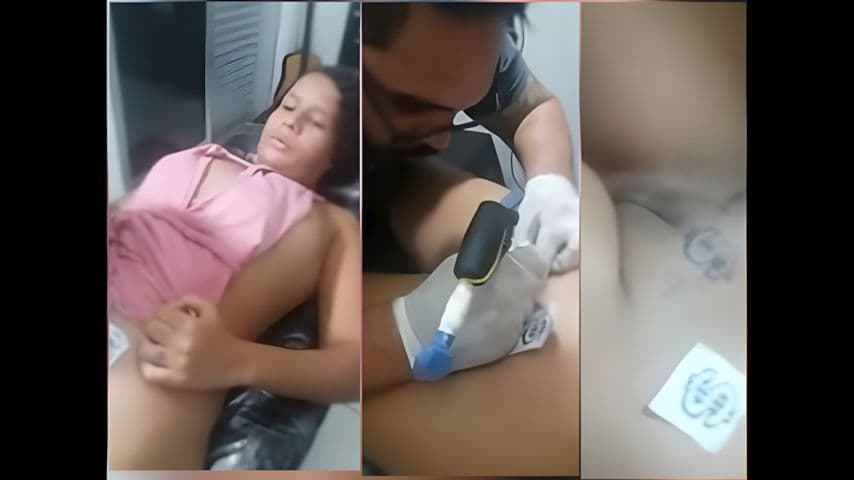 Cute chubby girl having tattoo on pussy